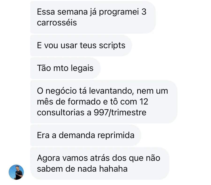 Print de conversa: nutricionista recém-formado relata 12 consultorias fechadas a R$997 por trimestre