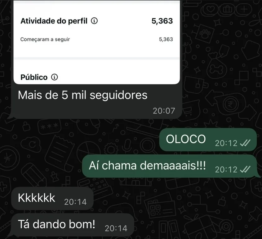 Print de conversa mostrando painel do Instagram com 5.363 novos seguidores