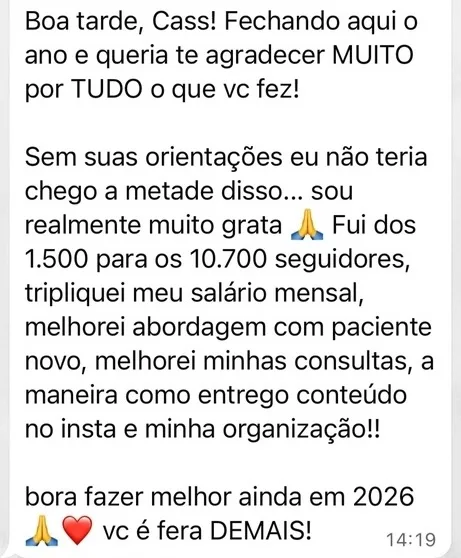 Print de depoimento: nutricionista relata crescimento de 1.500 para 10.700 seguidores e salário triplicado
