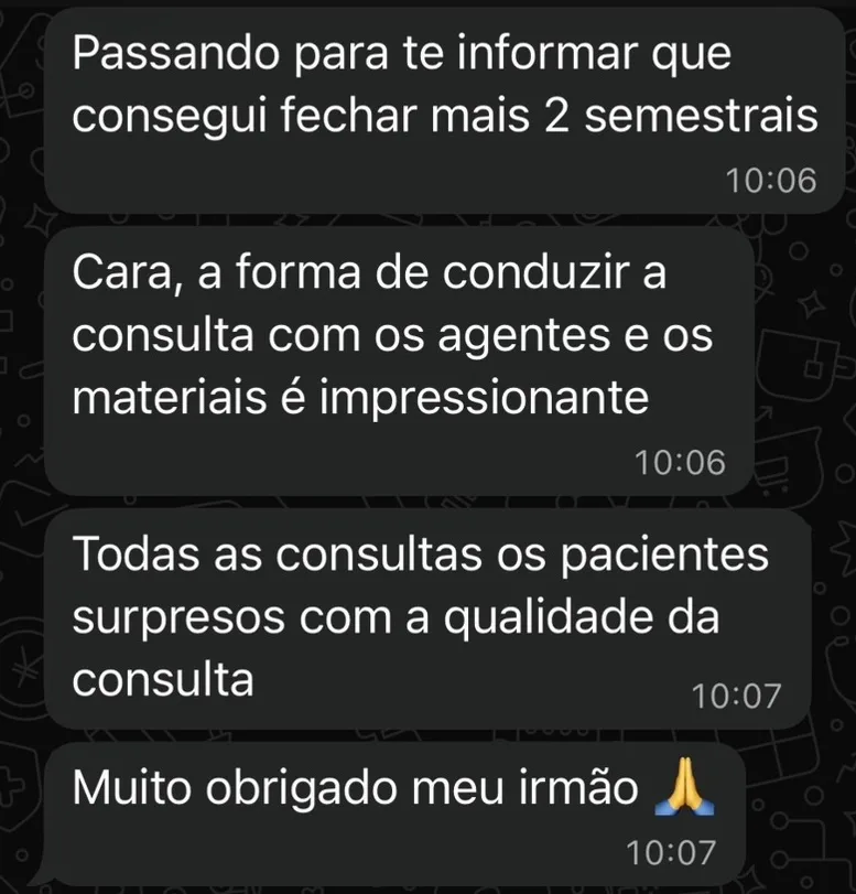 Print de conversa: nutricionista relata fechar mais 2 planos semestrais e elogia a condução das consultas