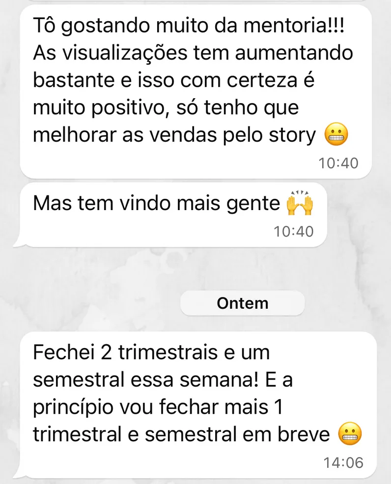 Print de conversa: nutricionista relata fechamento de 2 planos trimestrais e um semestral na mesma semana